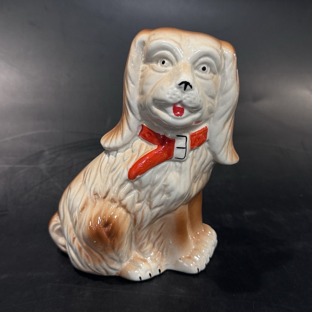 Ceramic Spaniel Dog Figurine Red Collar Glossy‎ FInish 6" Tall Dog Lover Decor